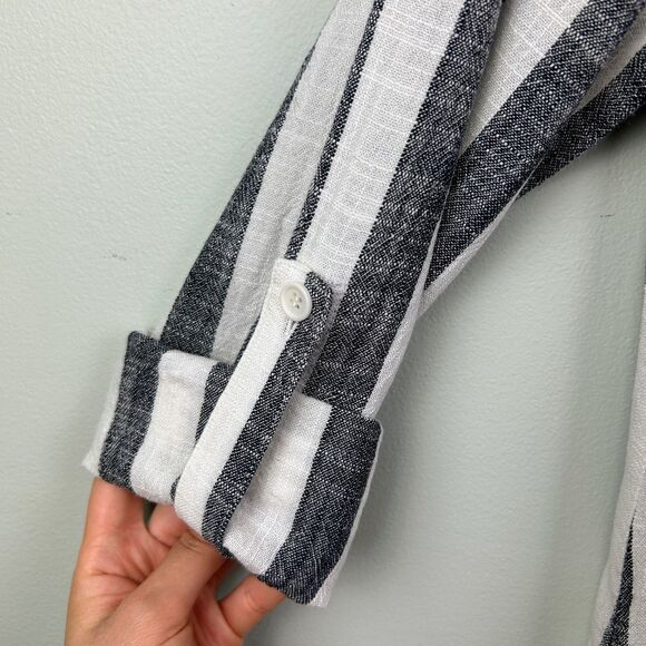 209 wst 38 Linen Cotton Top White Grey Stripes Drawstring Hoodie Blouse sz 6 EUC - Picture 3 of 11